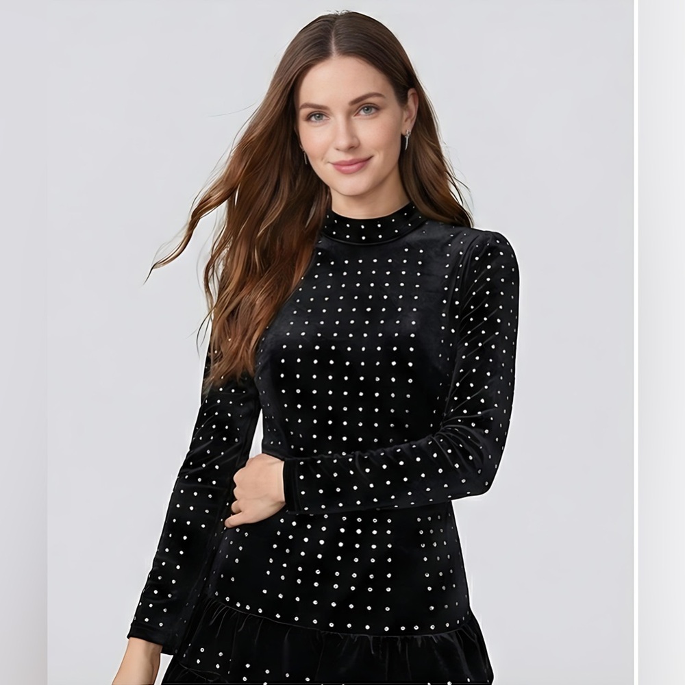 Velvet And Rhinestone Ruffle Hem Mini Dress Black - Picture 8 of 9